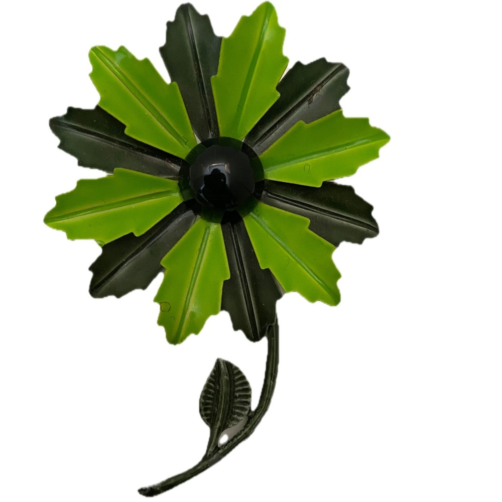 Vintage 60s Mod Green Enamel Flower Brooch Pin